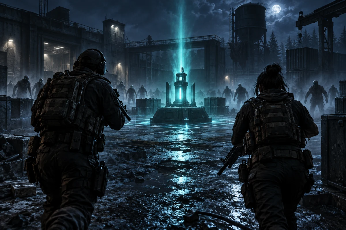Concept illustration of an eerie tactical objective surrounded by shadowy figures