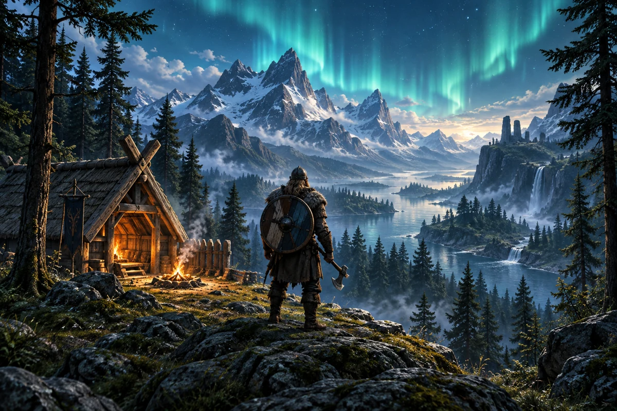 Illustrated Viking adventurer overlooking a new Nordic valley